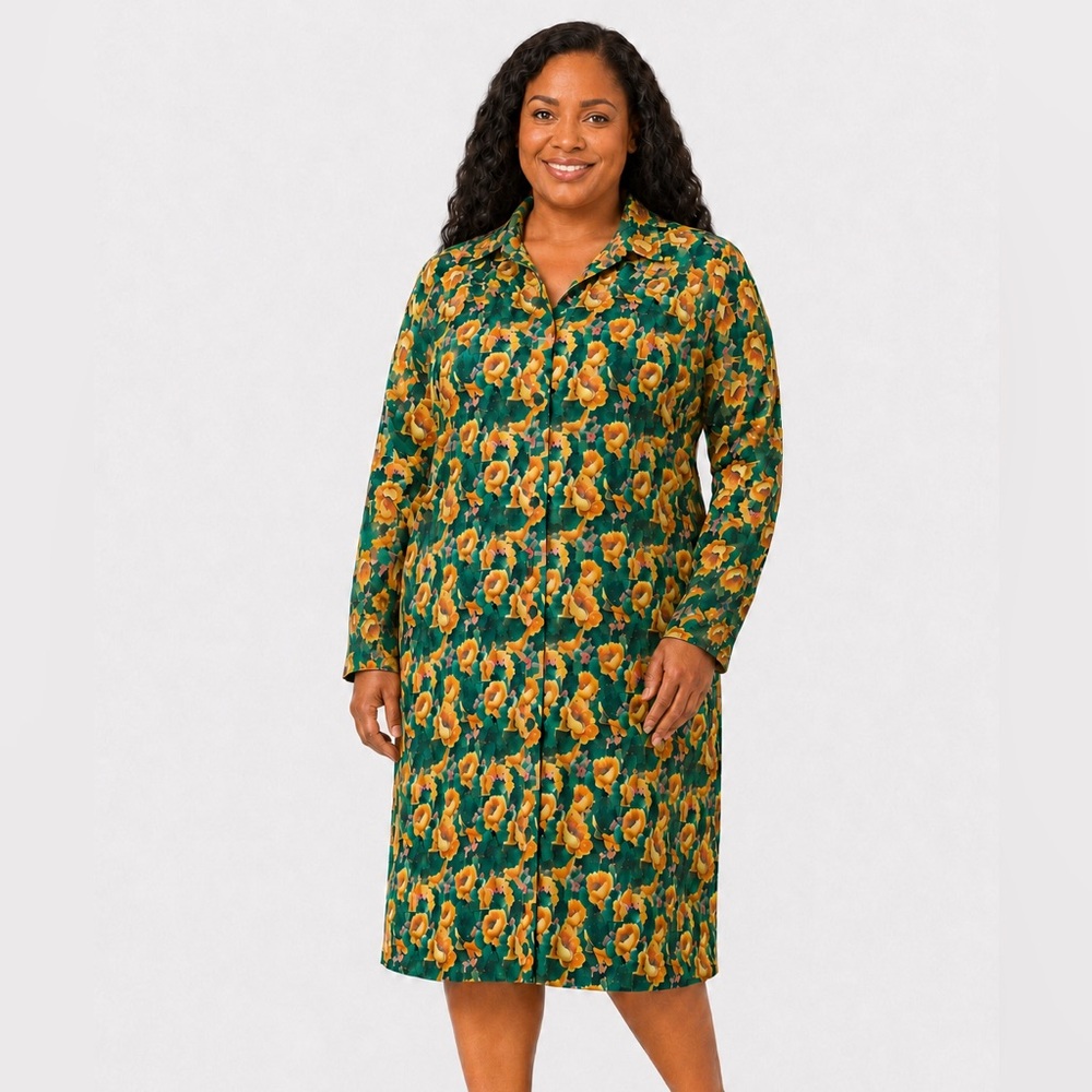 Button-Front Green Floral Long Sleeve Dress